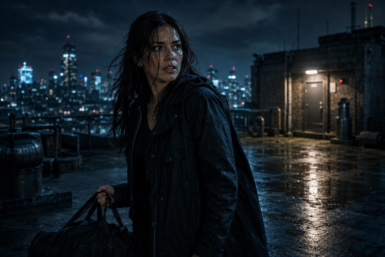 Scene 7 — Maya stands on a rain-soaked rooftop at night, long black hair, black coat, carrying a duffel bag, city skyline behind her.